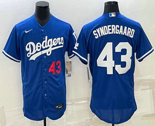 Men%27s Los Angeles Dodgers #43 Noah Syndergaard Number Blue Stitched MLB Flex Base Nike Jersey